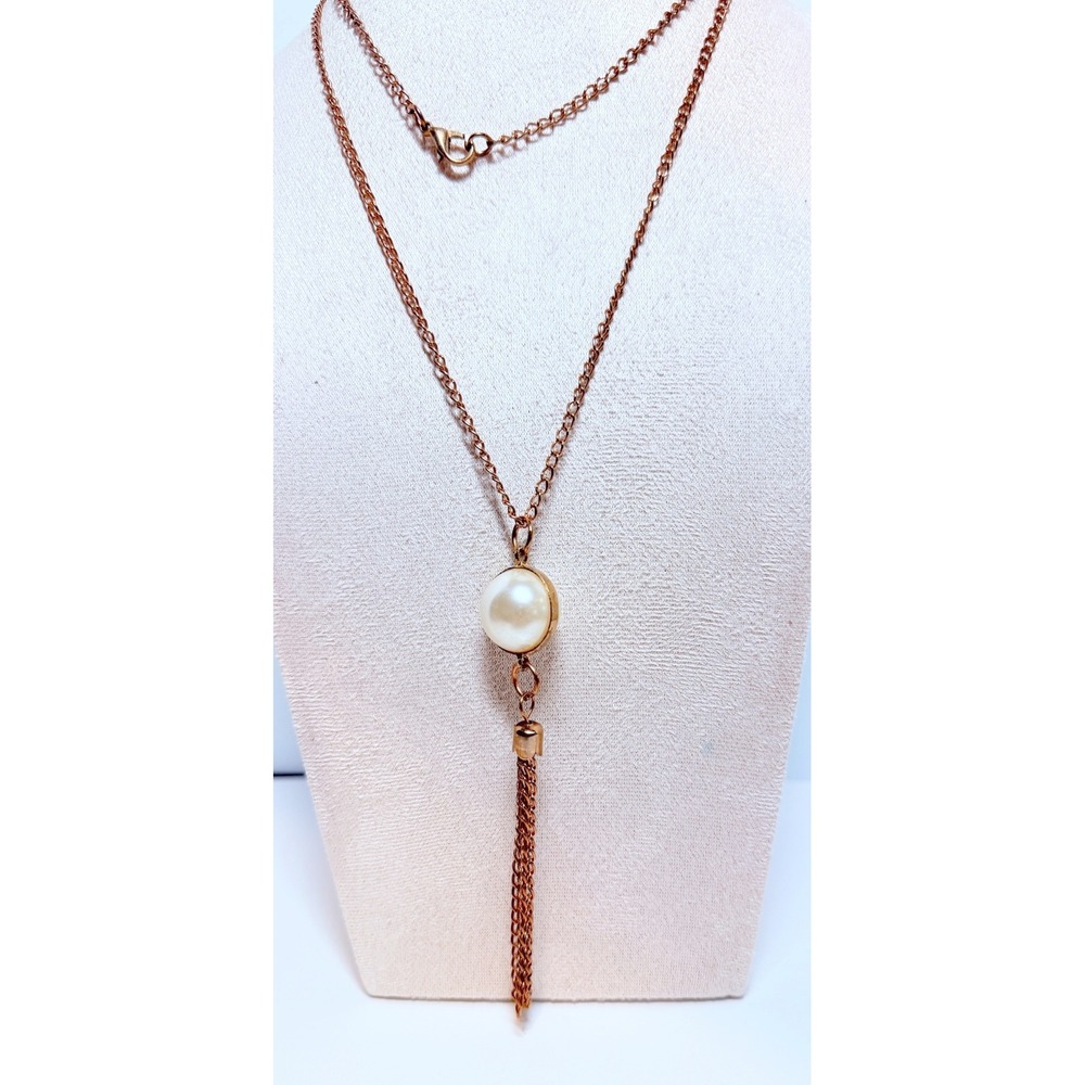 Long Gold Tone Faux Pearl Chain Tassel Fringe Necklace 31"